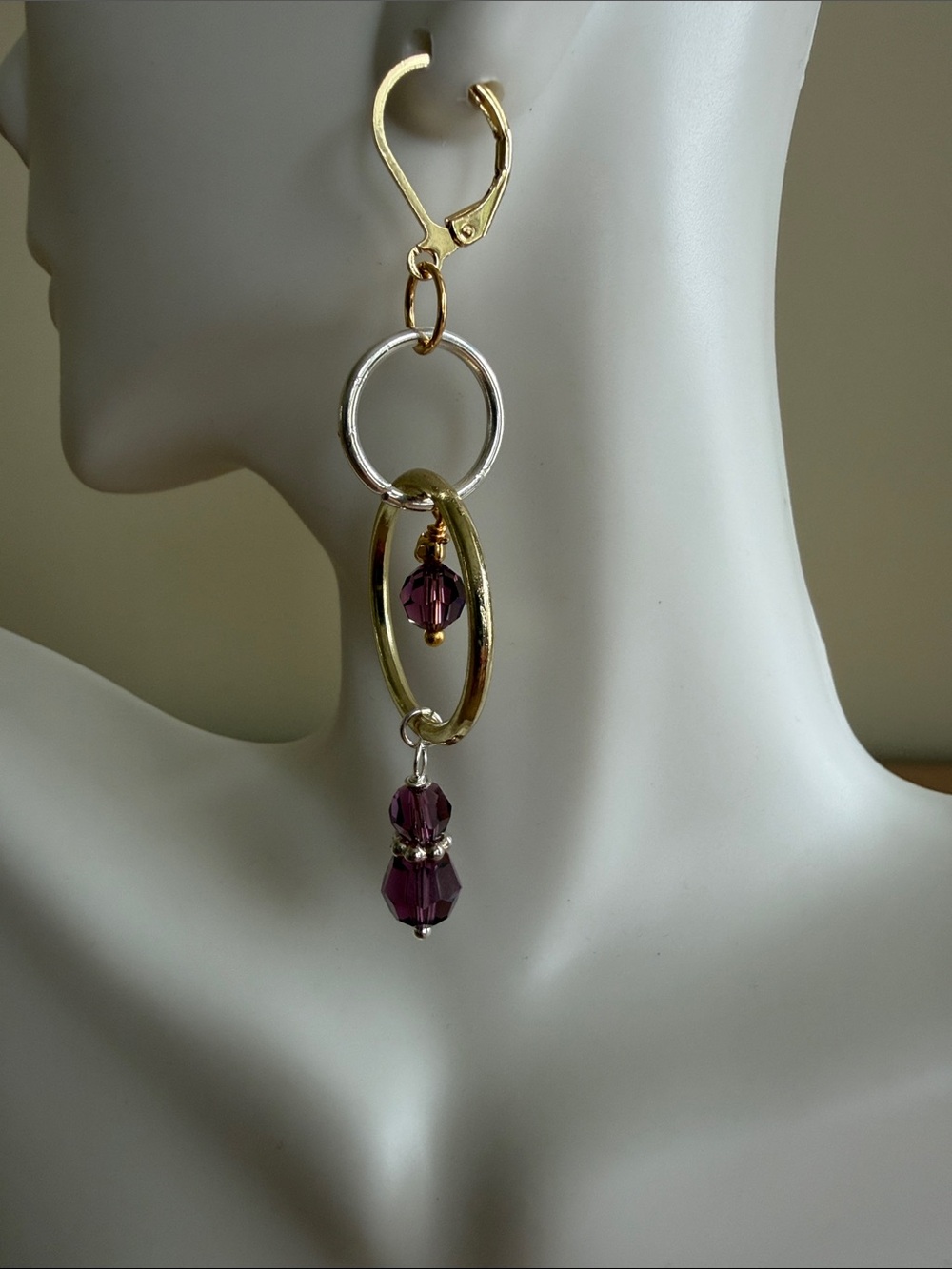 HAND CRAFTED AMETHYST SWAROVSKI CRYSTAL MIXED METAL DANGLE EARRINGS Dramatic - Picture 5 of 9